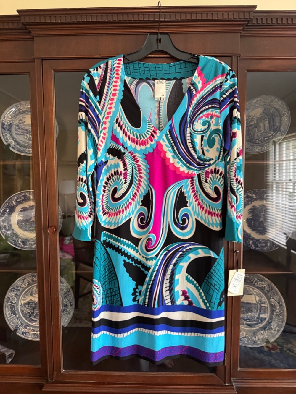 Ali Ro Turquoise, Pink & Black Paisley Long Sleeve Dress